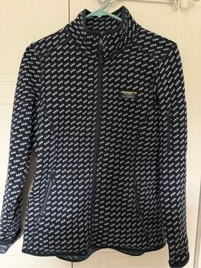 L.L.Bean Navy and White Patterned Zip-Front Fleece Jacket Size Medium